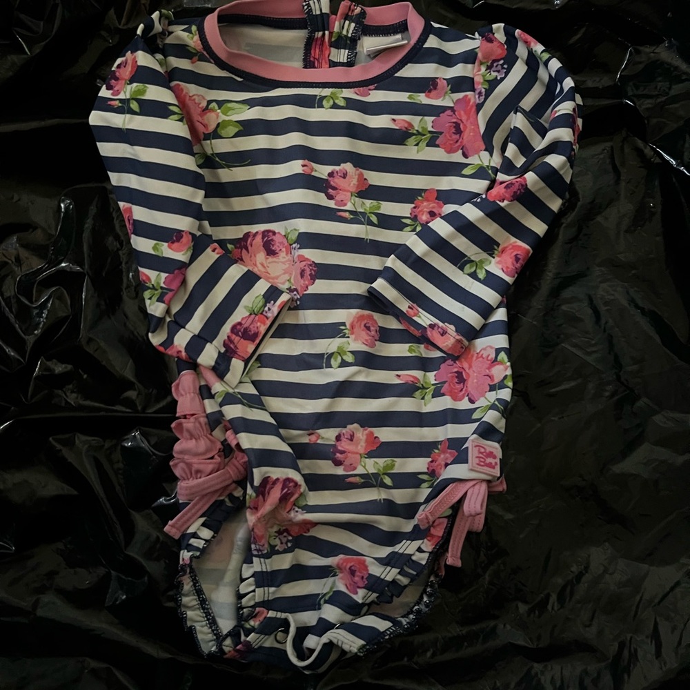 Ruffle Butts Navy, White & Pink Floral Striped One-Piece swim